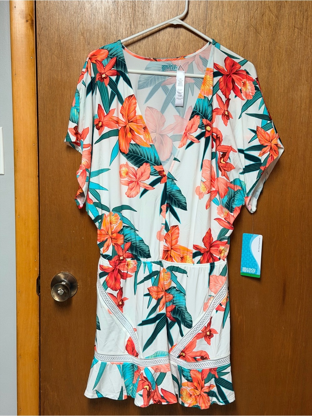 Cupshe White Floral Swim Coverup Romper with Orange & Teal Tropical Print